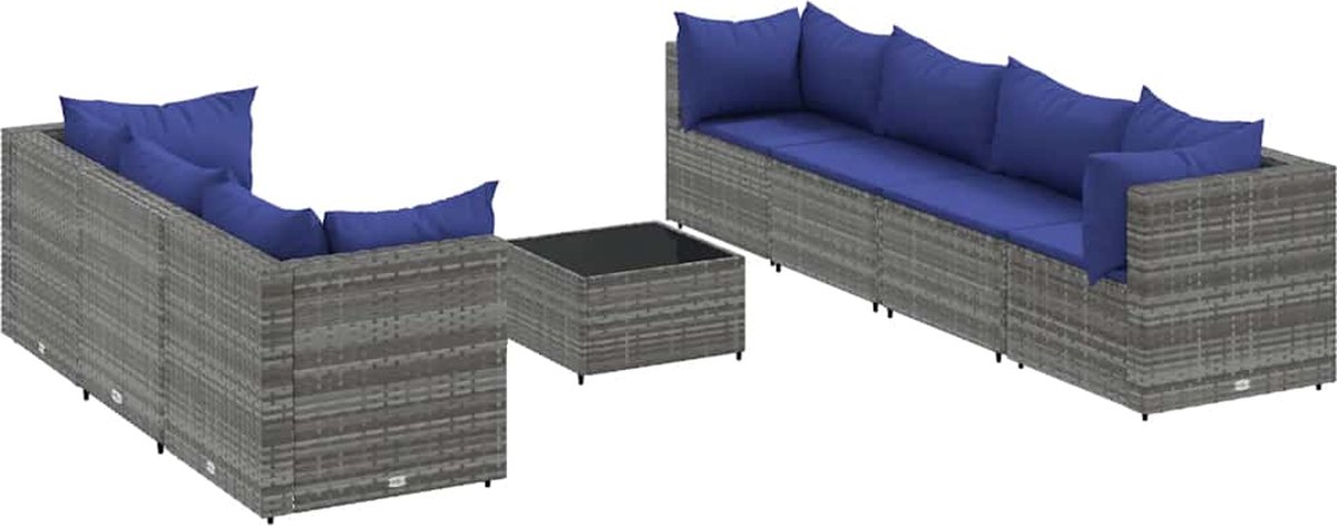 The Living Store 8-delige Loungeset met kussens poly rattan grijs - Loungebank - Lounge Set - Buitendecoratie - Tuinmeubels - Pe Rattan