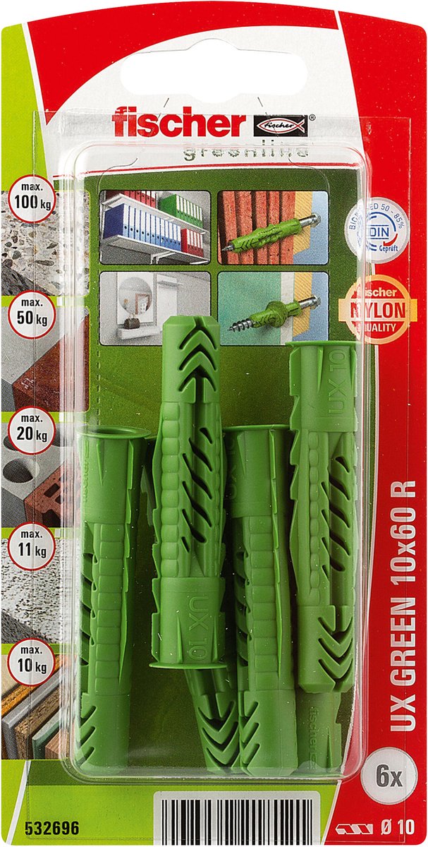 Fischer universeelplug UX Green Ø 10 x 60 met rand - Max 100 kg - 6 stuks