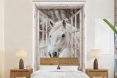 Behang - Fotobehang Paard - Wit - Winter - Sneeuw - Doorkijk - Dieren - Breedte 170 cm x hoogte 260 cm