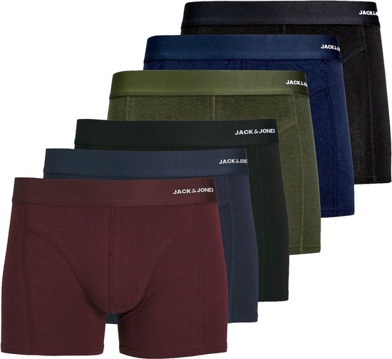Set van zes effen Jack & Jones boxershorts in bordeauxrood, donkerblauw, zwart, groen, donkergroen en zwart.