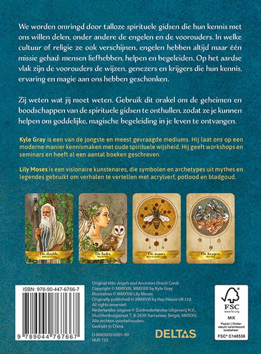 Achterkant van een boek met tekst en vier illustraties van orakelkaarten: 'De druïde', 'De heks', 'De zoom', 'De bergen'.