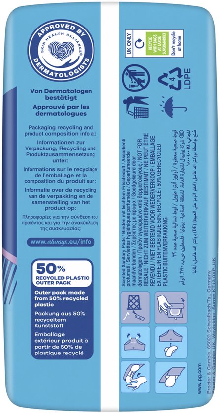 Always maandverband verpakking met 'Approved by Dermatologists' logo en recyclinginformatie.