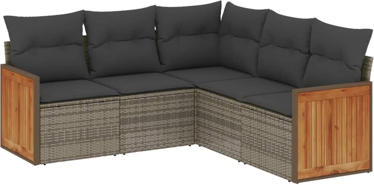 The Living Store 5-delige Loungeset met kussens poly rattan grijs - Loungeset - Tuinset - Buitameubels - Lounge Set - Pe Rattan