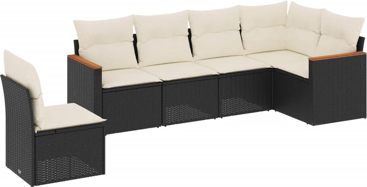 The Living Store 6-delige Loungeset met kussens poly rattan zwart - Loungebank - Lounge Set - Tuinset - Buitendecoratie - Pe Rattan
