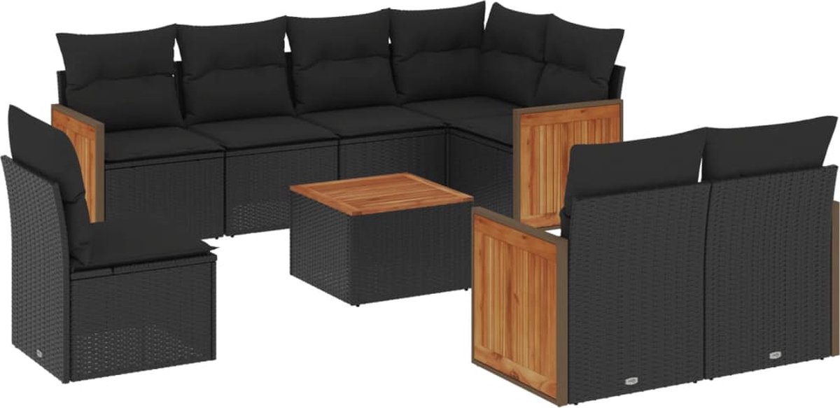 The Living Store 9-delige Loungeset met kussens poly rattan zwart - Loungeset - Lounge Set - Tuinlounge - Buitendining - Outdoor Furniture