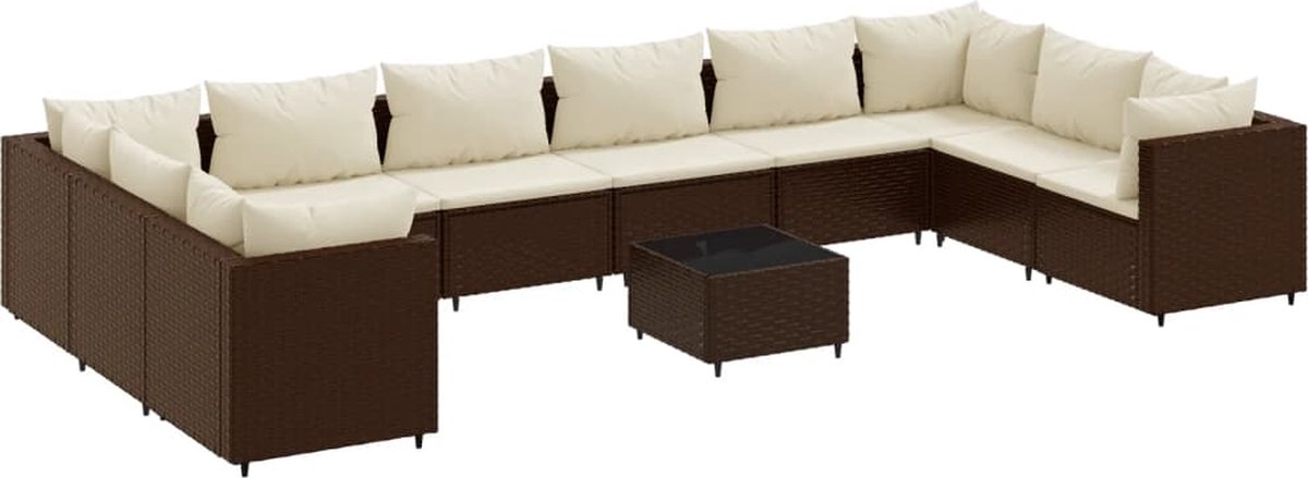 The Living Store 11-delige Loungeset met kussens poly rattan bruin - Loungeset - Lounge Set - Buitendecoratie - Tuinmeubels - Terrassenstoel