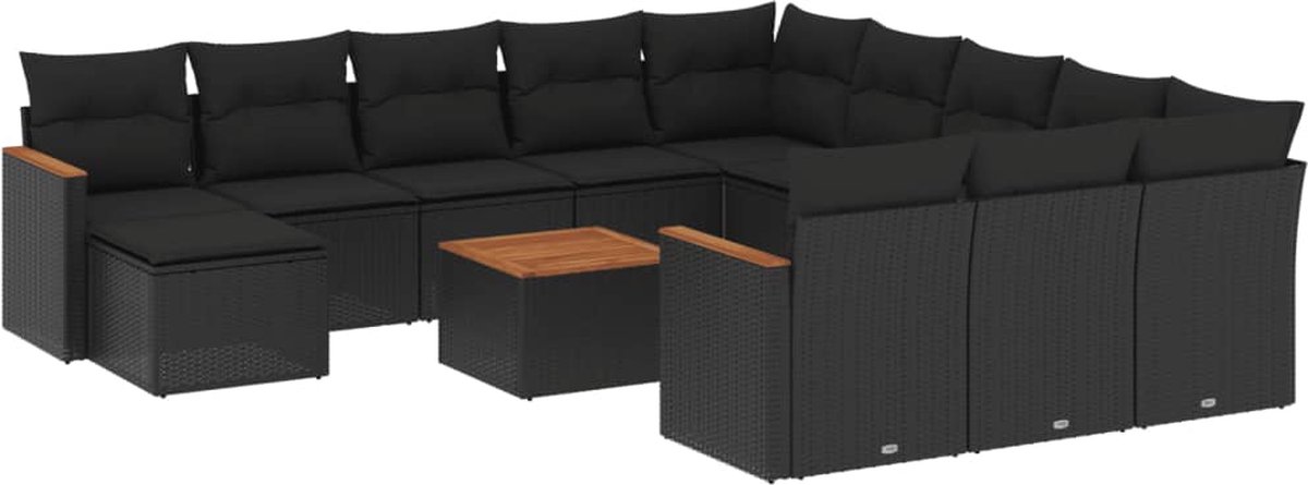 The Living Store 13-delige Loungeset met kussens poly rattan zwart - Loungeset - Tuinlounge - Lounge Set - Buitendiner - Outdoor Furniture