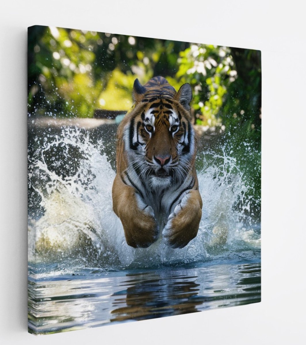 Saammp Canvas Schilderij - Tijger in het water - Natuur - Dieren - 20x20 - Foto op canvas - Wanddecoratie - muurdecoratie Woonkamer - Slaapkamer decoratie - Canvas Print Multicolor