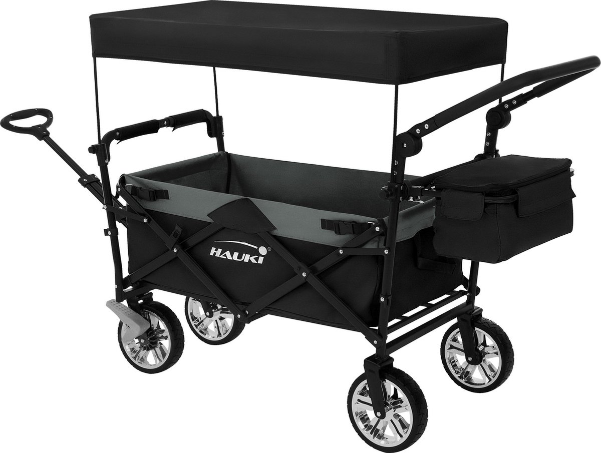 Opvouwbare bolderkar met dak en tas Zwart/grijs belastbaar tot 120 kg Hauki