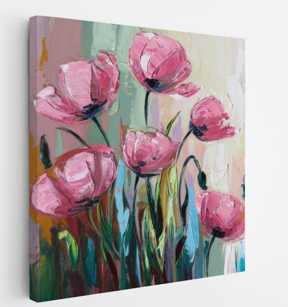 Saammp Canvas Schilderij - Expressieve Roze Bloemen - Natuur - Abstract - 40x40 - Foto op canvas - Wanddecoratie - Muurdecoratie Woonkamer - Kantoor Decoratie Multicolor