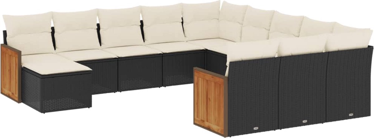 The Living Store 12-delige Loungeset met kussens poly rattan zwart - Loungebank - Lounge Set - Buitendecoratie - Tuinmeubels - Pe Rattan