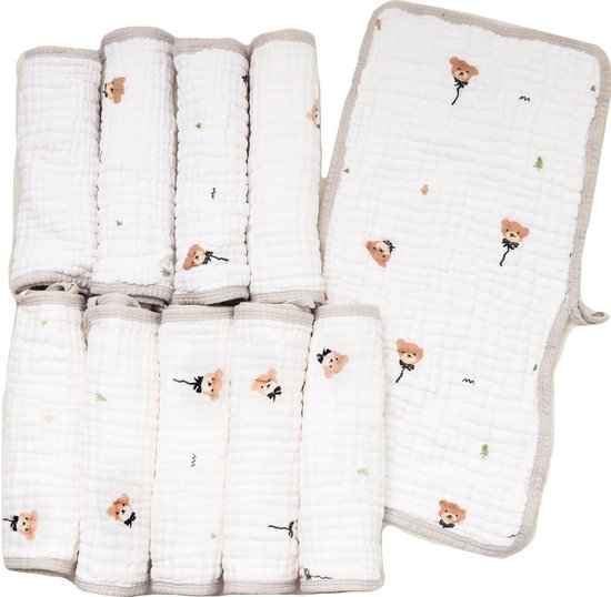 FENSILO Hydrofiele Luiers 10 stuks, 4 lagen, 25 x 50cm, - Hydrofiele Doeken - 100% Katoenen mousseline - Spuugdoeken voor baby's, mousseline doeken, stoffen luiers, washandjes, vouwluiers, premium kwaliteit, witte beer