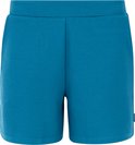 Vooraanzicht van een turquoise korte broek met elastische tailleband en zakken.