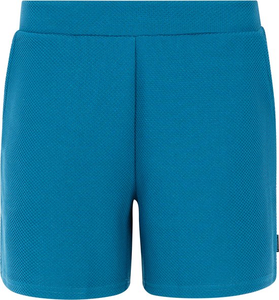 Vooraanzicht van een turquoise korte broek met elastische tailleband en zakken.