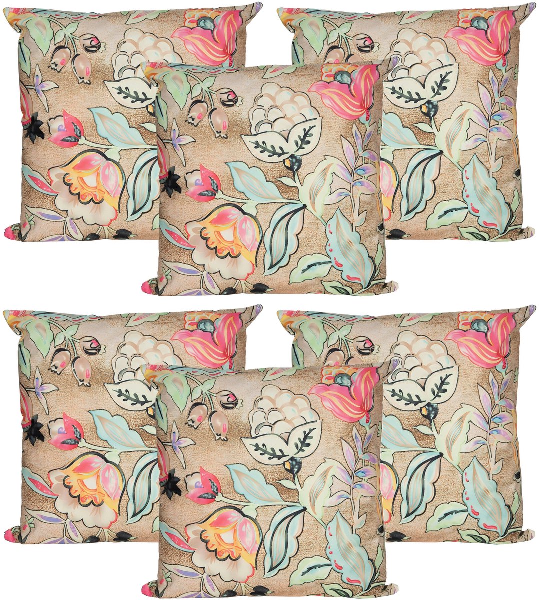Anna's Collection Sierkussen voor binnen en buiten - 6x - wild flowers - beige - 60 x 60 cm - tuinkussen