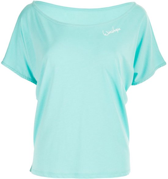 Lichtblauwe loose-fit top met korte mouwen, wijde hals en "Winshape" logo.
