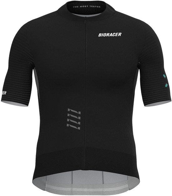 Maillot de cyclisme noir à manches courtes, fermeture éclair, logo sur la poitrine et motif damier gris sur le côté.