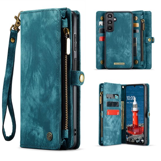 Portefeuille Solidenz Urban Samsung Galaxy A16 - Étui téléphone A16 - Étui A16 avec porte-cartes - Avec poche zippée - Avec dragonne - Étui portefeuille - Bleu