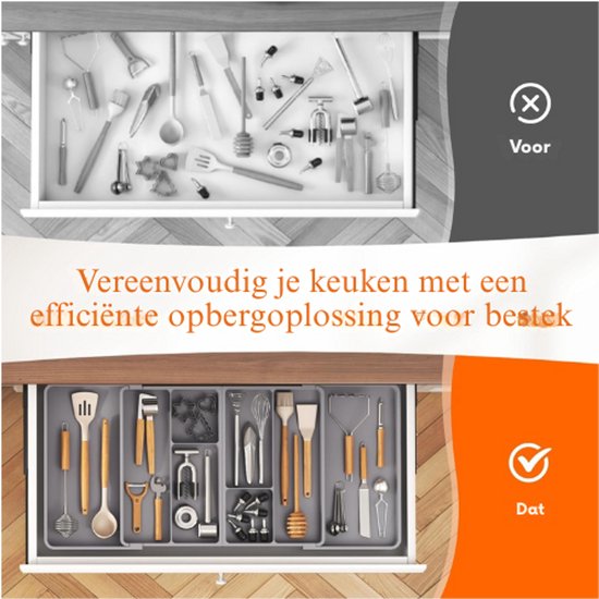 Lifewit Bestekbak voor laden met antislip TPR, verstelbaar lade-inzetstuk, bestekhouder, keukengereihouder, organizer voor lepel/messen, zwart en grijs