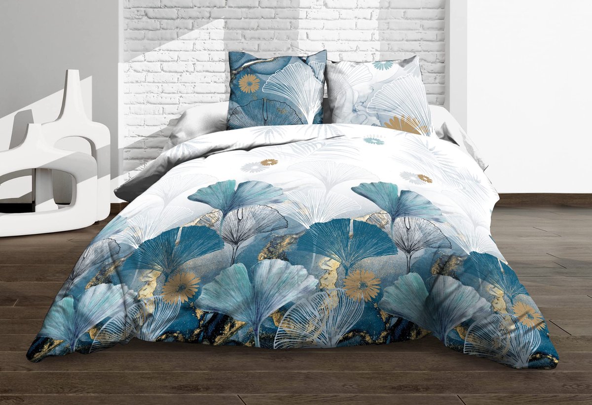 My Ninki ® Stijlvol Blauw Dekbedovertrekset van Puur Katoen met Ginko Ontwerp voor Tweepersoonsbedden blauw turquoise beige wit