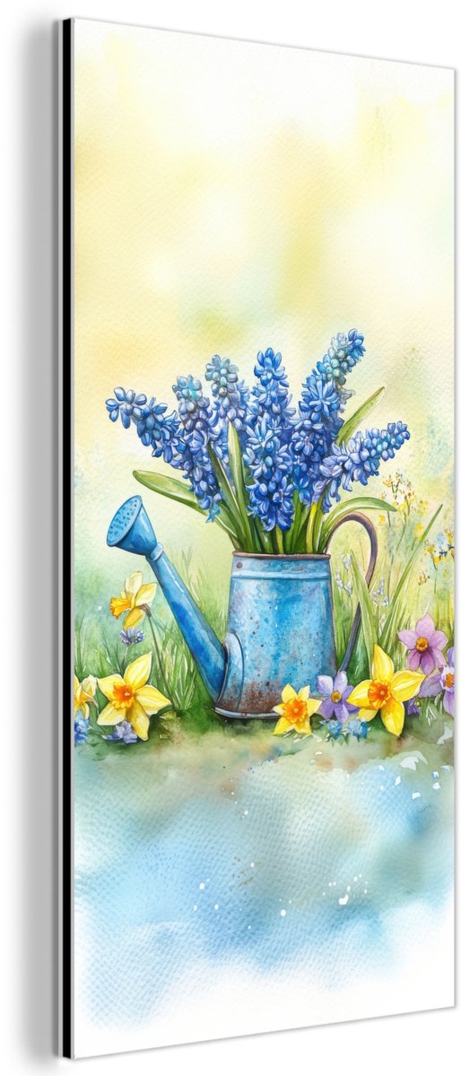 Aluminium schilderij 40x80 cm - Wanddecoratie metaal - Gieter - Lavendel - Bloesems - Meta