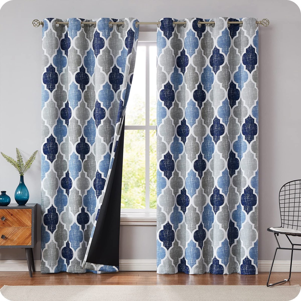 My Ninki ® Stijlvolle Verduisteringsgordijnen voor Slaapkamer en Woonkamer met Geometrisch Ruitpatroon, Set van 2 blauw