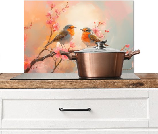Crédence de Cuisinière en Aluminium 60x40 cm - Merle - Ornemental - Branche fleurie - Écran Pare-éclaboussures pour Plaque de Cuisson - Protection Murale