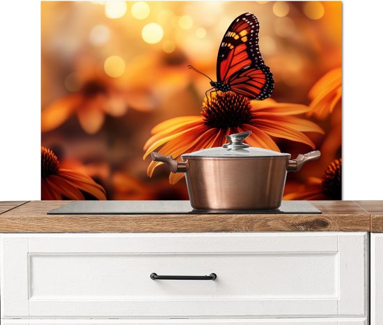 Crédence de Cuisinière en Aluminium 90x60 cm - Papillon - Fleurs - Orange - Écran Pare-éclaboussures pour Plaque de Cuisson - Protection Murale