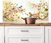 Spatscherm keuken 120x60 cm - Kookplaat achterwand Takken - Bloemen - Vogeltjes - Roze - Muurbeschermer - Spatwand fornuis - Hoogwaardig aluminium