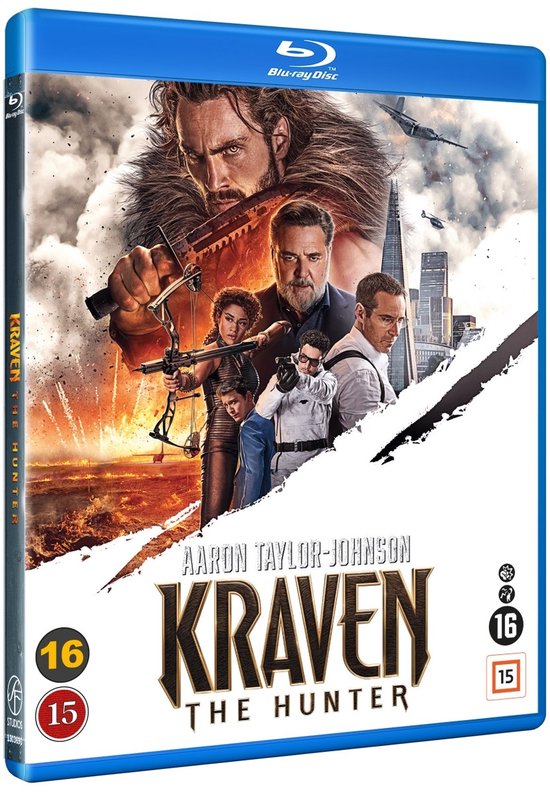 Blu-ray hoes van Kraven the Hunter met personages en de titel.