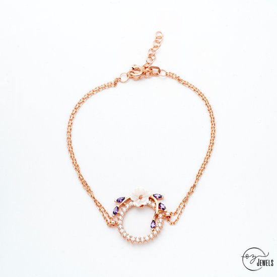 OZ Jewels Bracelet en argent couleur or rose à deux fils avec motif floral