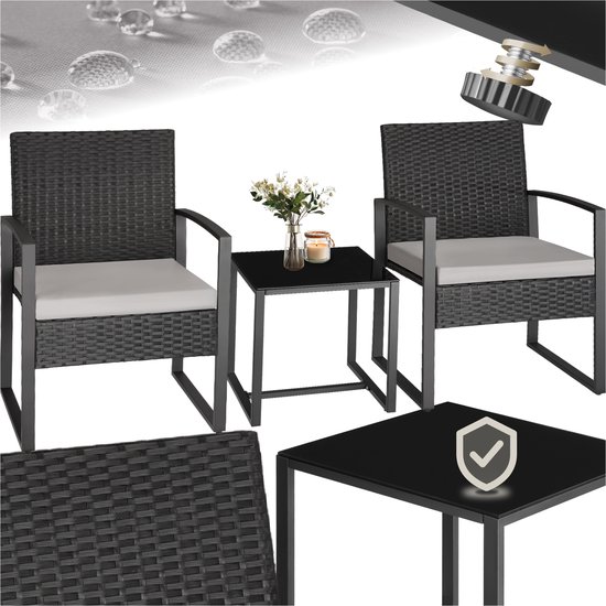 tectake® - wicker zitgroep 2x fauteuils met tafel, balkonmeubelset, tuinmeubelen, balkonmeubilair, kleine lounge, gestoffeerde stoelen inclusief buitentuintafel, weerbestendig - zwart - poly-rattan