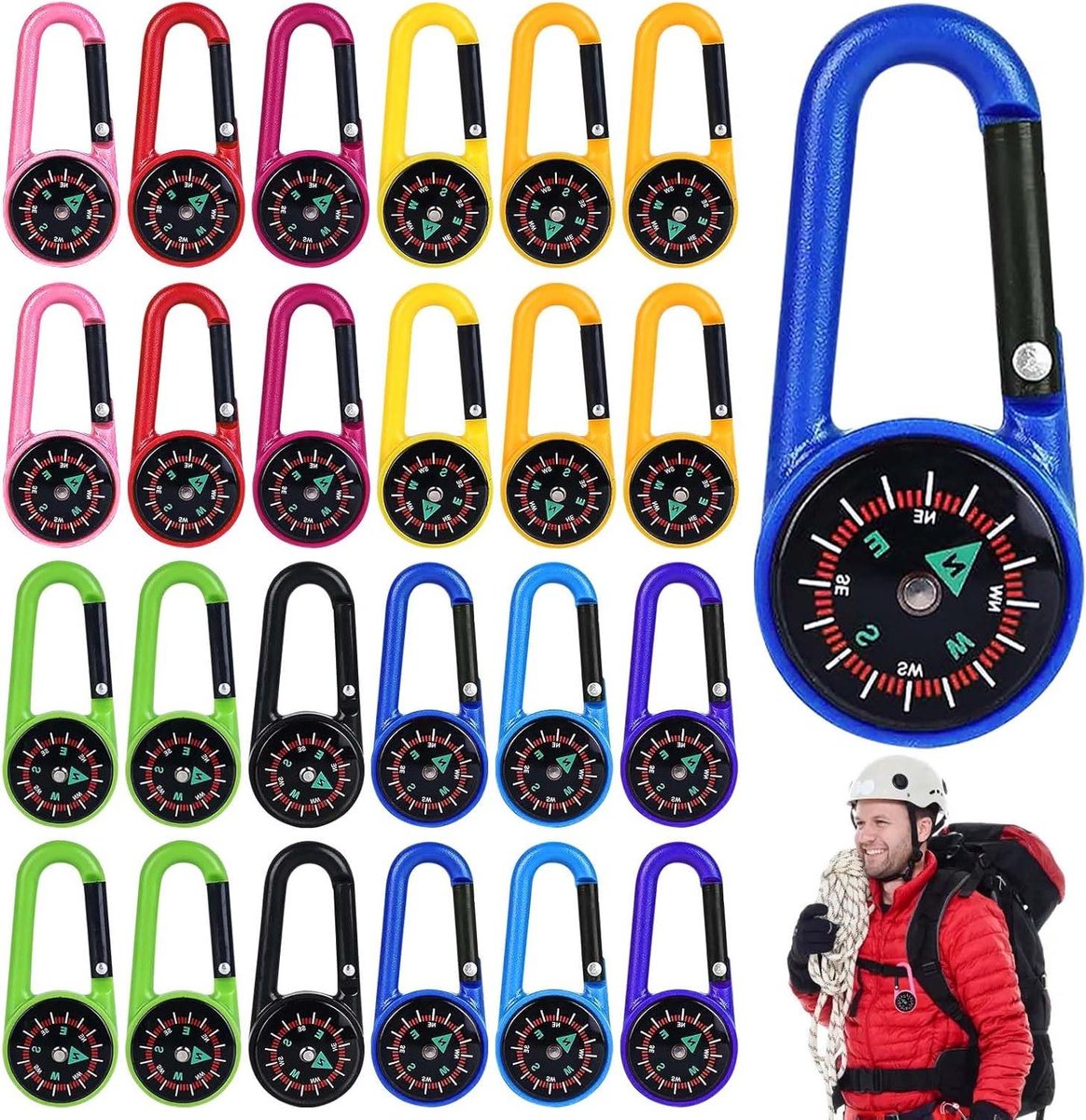 24 stuks mini-kompas met karabijnhaak - wegwijzer sleutelhouder voor outdoor activiteiten