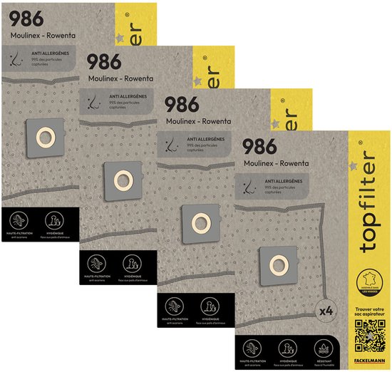 TopFilter 9996450 Set van 4 pakketten van 4 stofzuigerzakken 64986 Rowenta en Moulinex, stofzuigerzak, stofzuigerzakje, stofzuigeraccessoire, Niet-geweven polypropyleen, Rubber, Karton, 30 x 26 cm