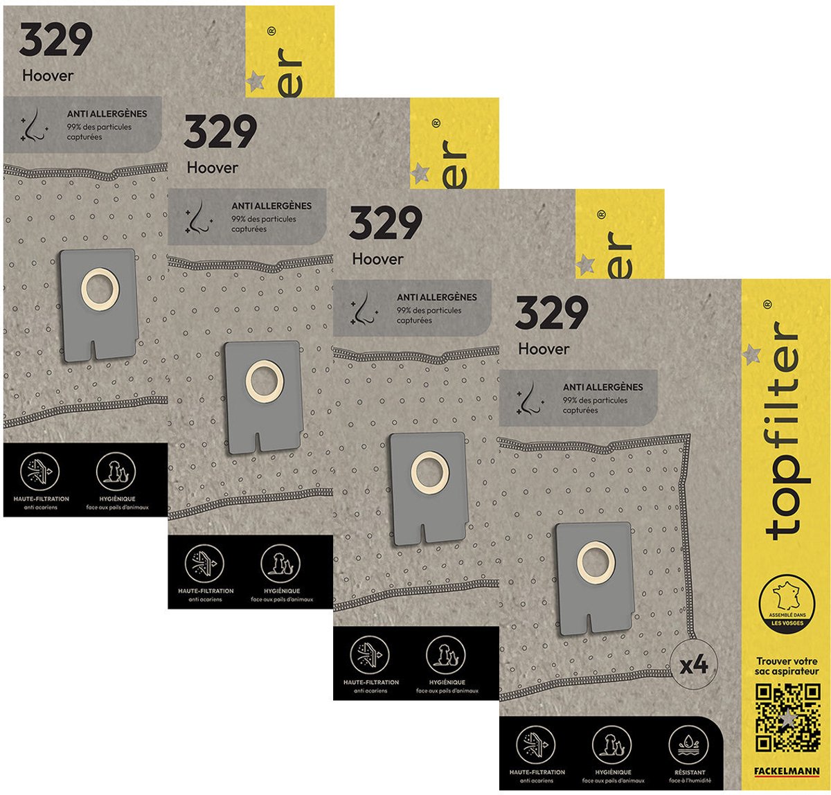 Set van 4 pakketten van 4 stofzuigerzakken 64329 voor Hoover Freespace EVO TopFilter Premium