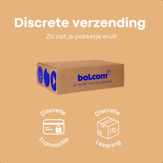 Bruine verzenddoos met discreet logo, duidend op veilige transacties. Tekst: Discrete verzending.