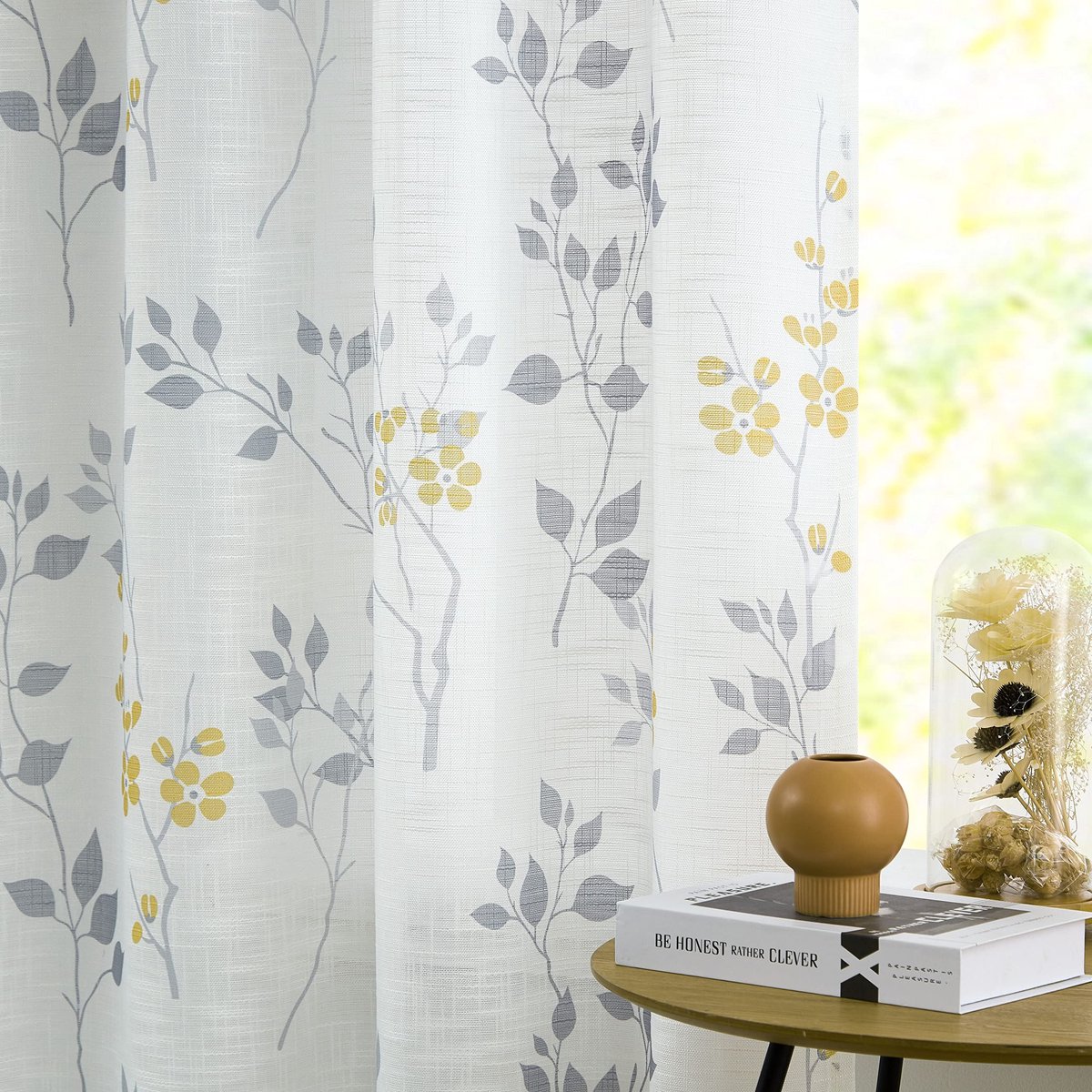 My Ninki ® Halftransparante Botanische Gordijnen met Bloemen- en Bladerenpatroon voor Landelijke Woonkamers geel grijs