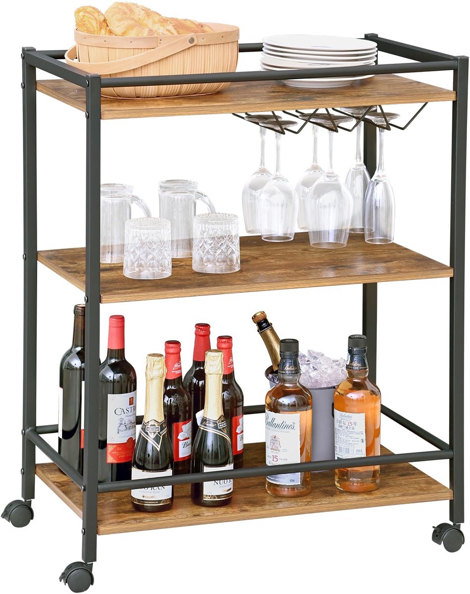 My Ninki ® Multifunctionele Drie-Lagen Serveerwagen met Wijnrek en Rijdende Wielen voor Huis en Bar