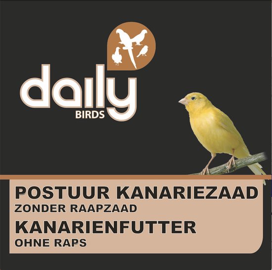 Gouden kanarie op een tak, met het Daily Birds logo boven de tekst 'POSTUUR KANARIEZAAD ZONDER RAAPZAAD KANARIENFUTTER OHNE RAPS'.