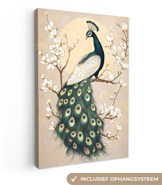 Canvas schilderij 80x120 cm - Exclusieve wanddecoratie Pauw - Tak - Bloemen - Muurdecoratie woonkamer - Slaapkamer decoratie - Kamer accessoires - Schilderijen op canvas