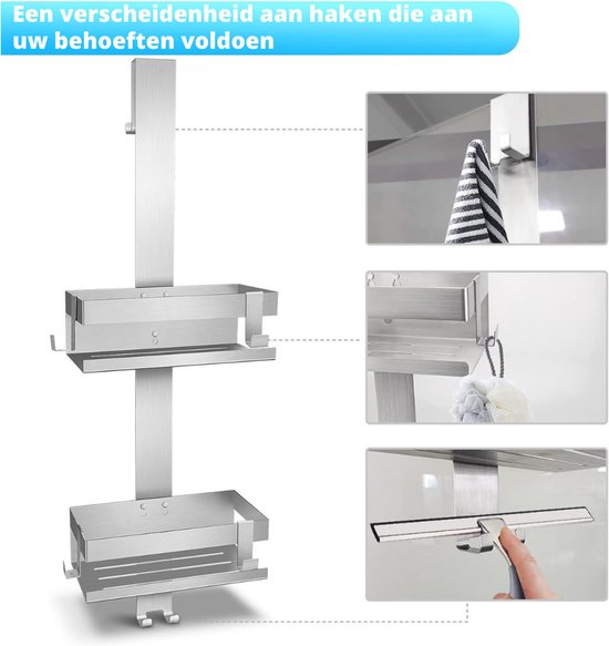 Zilverkleurig, dubbel doucherek van roestvrij staal, met haakjes voor handdoek en spons.