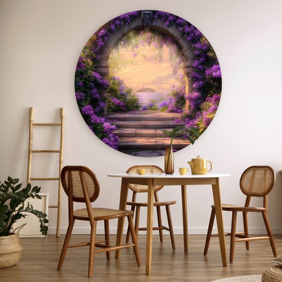 WallCircle® Cercle mural 120x120 cm - Cercle mural Porte - Violet - Fleurs - Décoration murale salon - Décoration murale chambre - Accessoires de décoration de chambre - Tableaux ronds XXL
