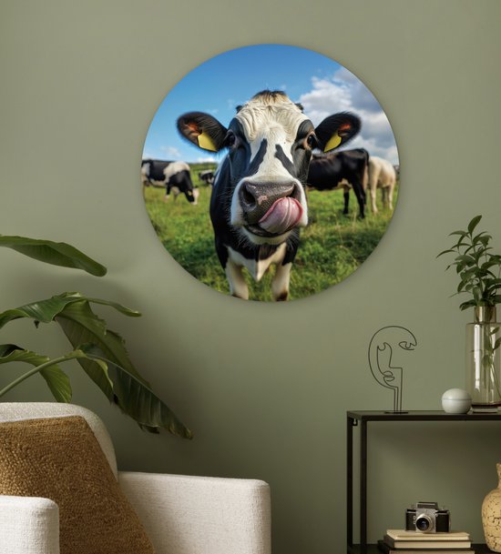 Ronde muurdecoratie met een Holstein koe die met haar tong likt, geplaatst in een woonkamer met een bank.
