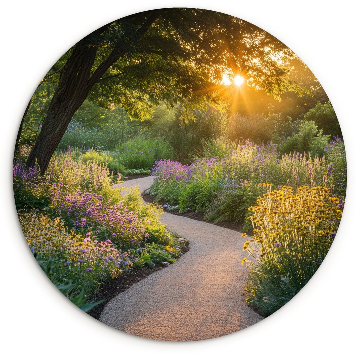 WallCircle Wandcirkel 30x30 cm - Muurcirkel Pad - Bloemen - Park - Muurdecoratie woonkamer - Wanddecoratie slaapkamer - Kamer decoratie accessoires - Ronde schilderijen Bloemen - Natuur