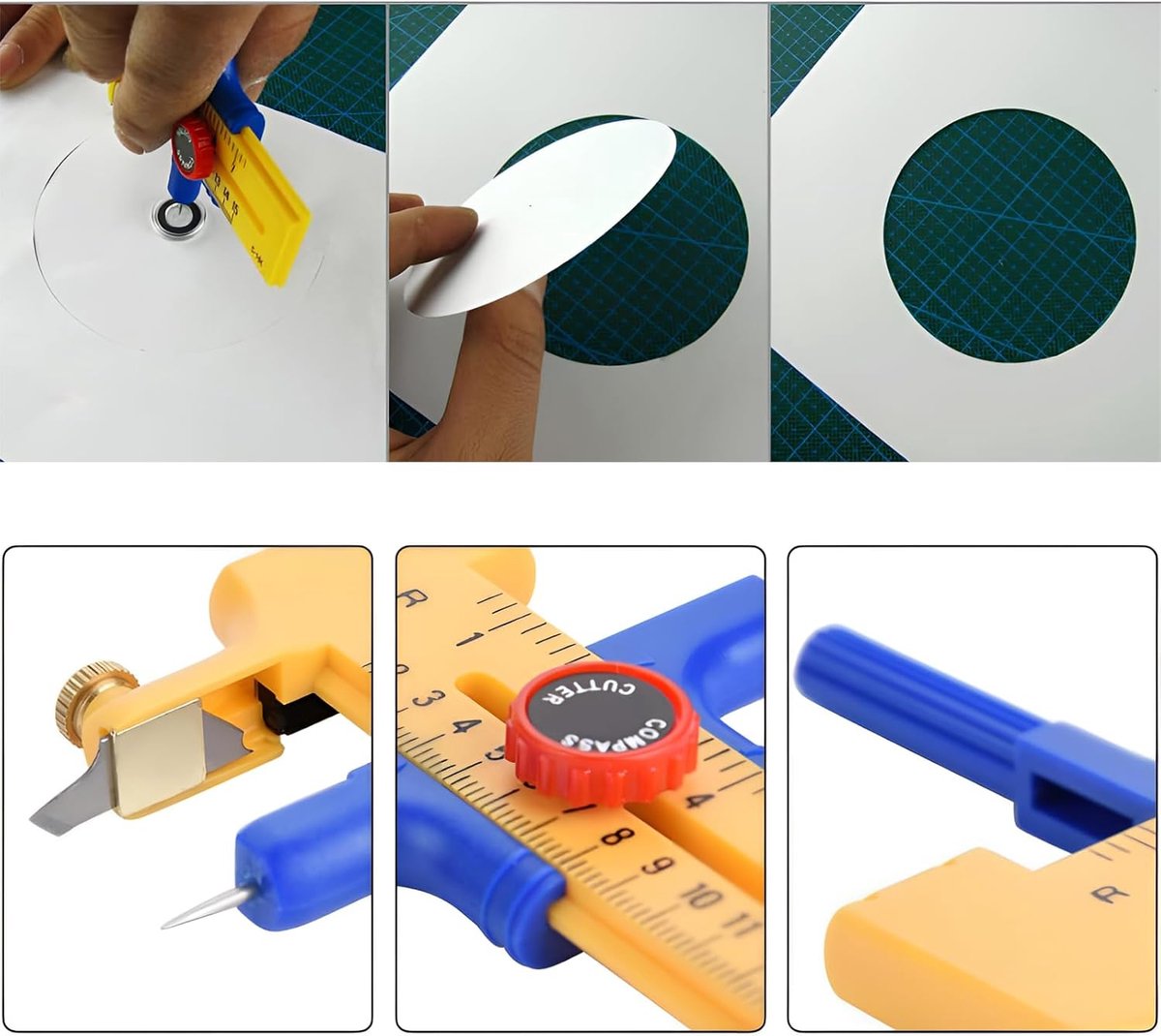 Hoge kwaliteit geel PVC cirkelsnijder: Nizirioo precisiecirkelsnijder, kompassnijder voor cirkels van 1-15 cm cirkelsnijder van kunststof voor het snijden van papierkarton, leer cirkelsnijder