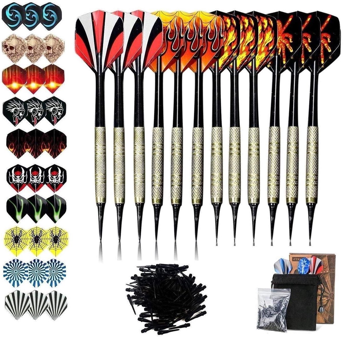 Dartpijlen set met kunststof punt - 12 stuks - softdartpijlen met accessoires