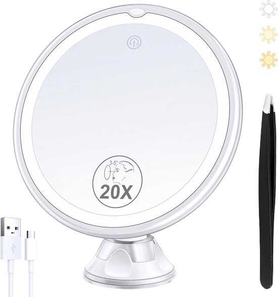 FASCINATE Oplaadbare make-upspiegel met verlichting, verlichte make- upspiegel voor kaptafel, badkamer, bureau, dimmende aanraaksensor, draagbare reisspiegel (L3C_wit