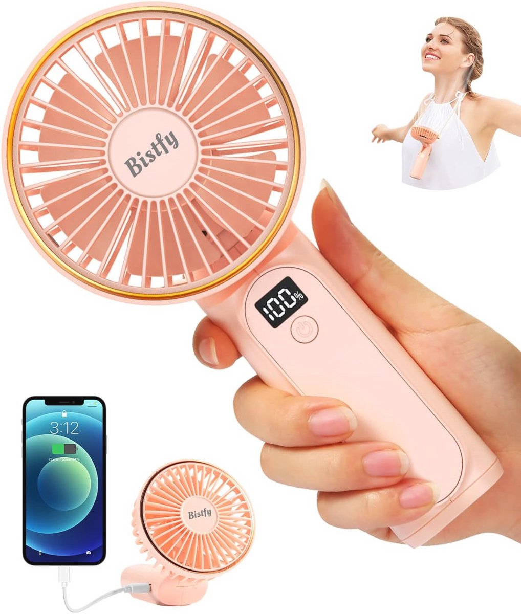 Draagbare Ventilator - 5200 mAh, 6 Snelheden, USB-C, Mini-tafelventilator, 180° Opvouwbaar, Met LCD-display en Powerbank