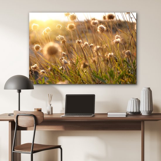 Une peinture de fleurs séchées baignant dans la lumière dorée du coucher du soleil, placée sur un bureau.