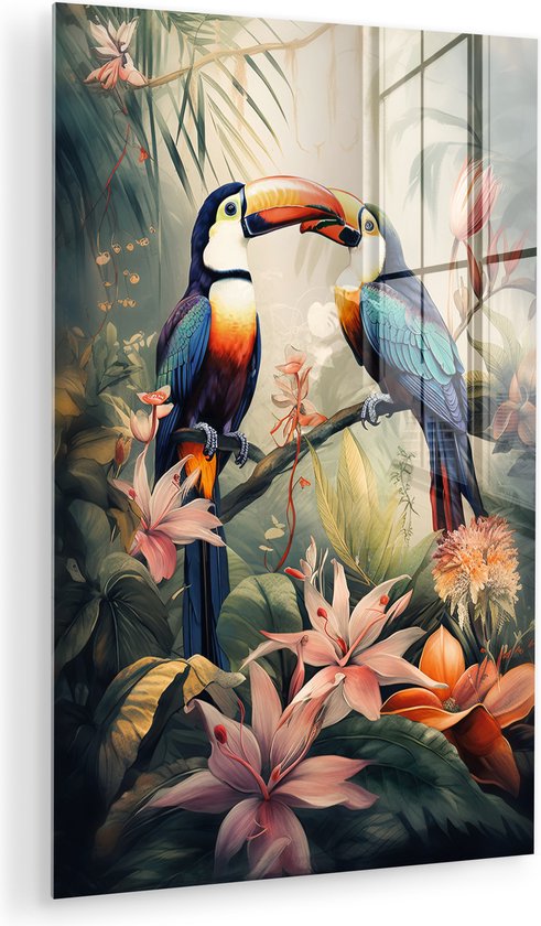 MuchoWow® Peinture sur verre - Toucan - Vogels - Fleurs - Nature - Jungle - 80x120 cm - Peintures sur verre acrylique - Photo sur Glas